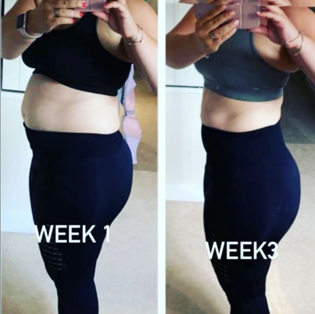 A Ty PT-Fitness client photographed in side view before and after training, showing a reduced waistline.