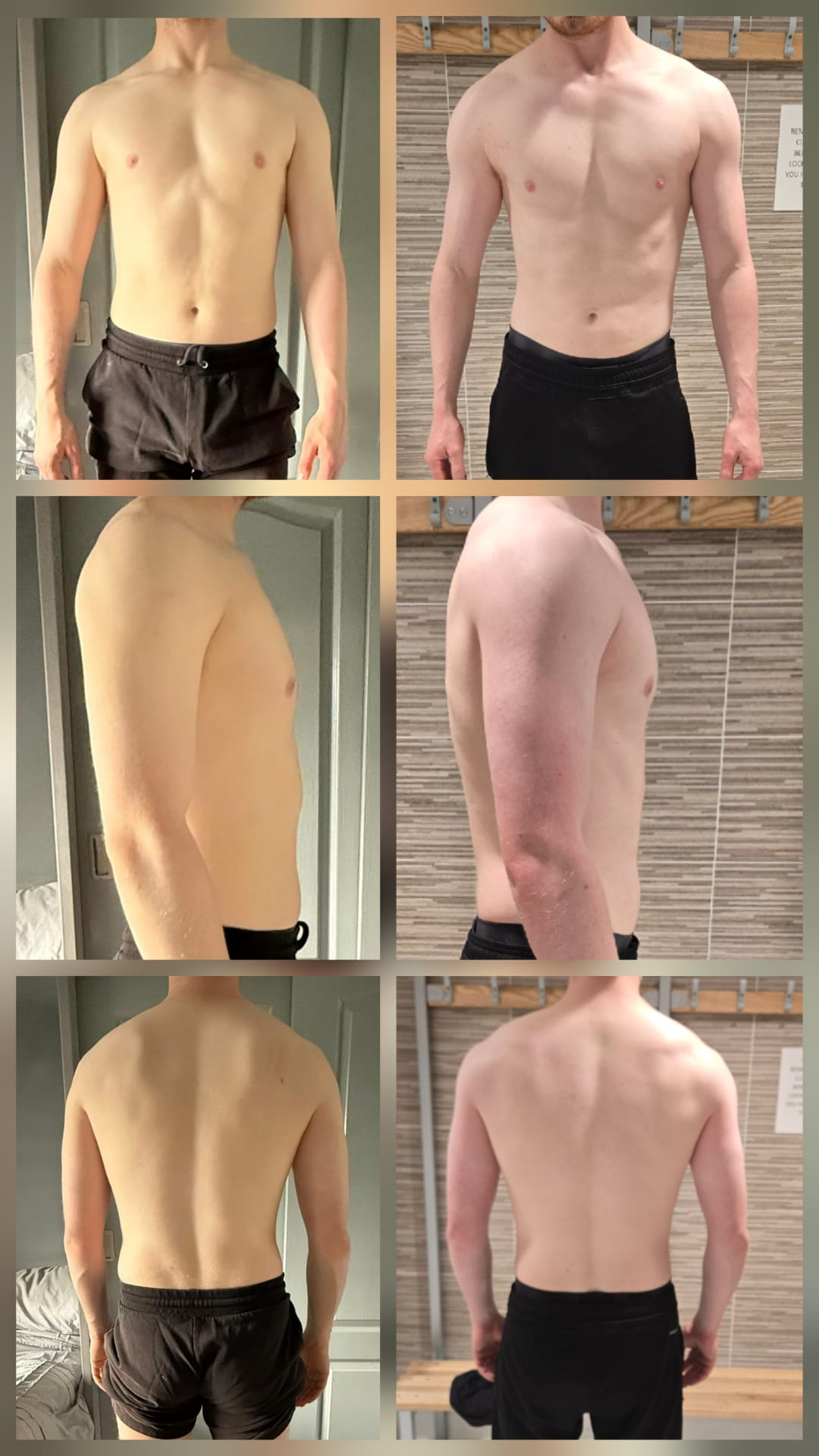 A Ty PT-Fitness client photographed from the front, side and back before and after training, showing increased muscle across the chest, arms and back.