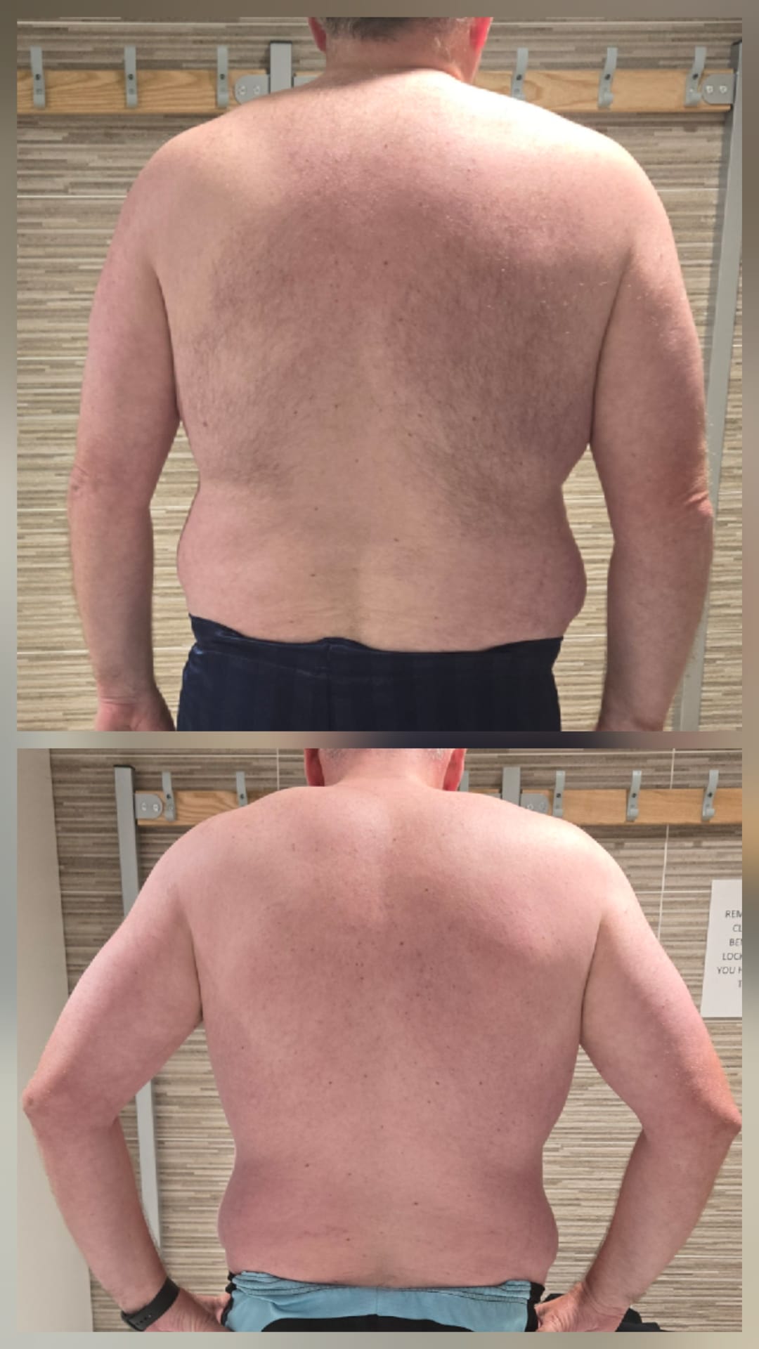 A Ty PT-Fitness client photographed from behind before and after training, showing a broader, more defined back and reduced fat around the waist.