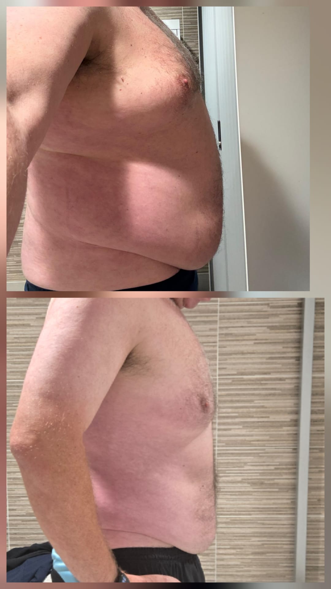 A Ty PT-Fitness client photographed in side profile before and after training, showing reduced abdominal fat.