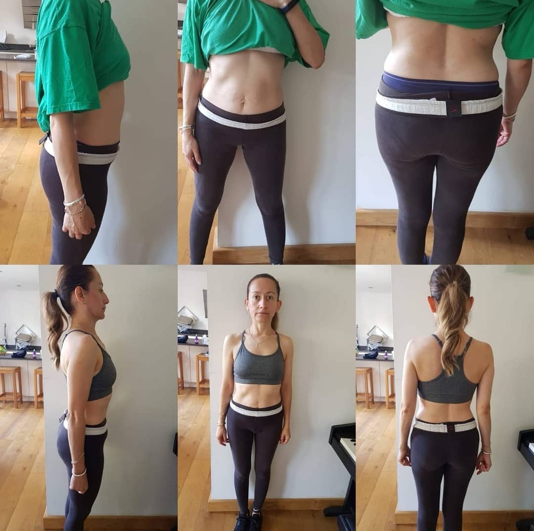 A Ty PT-Fitness client photographed from the side, front and back before and after training, showing a leaner, more defined midsection.