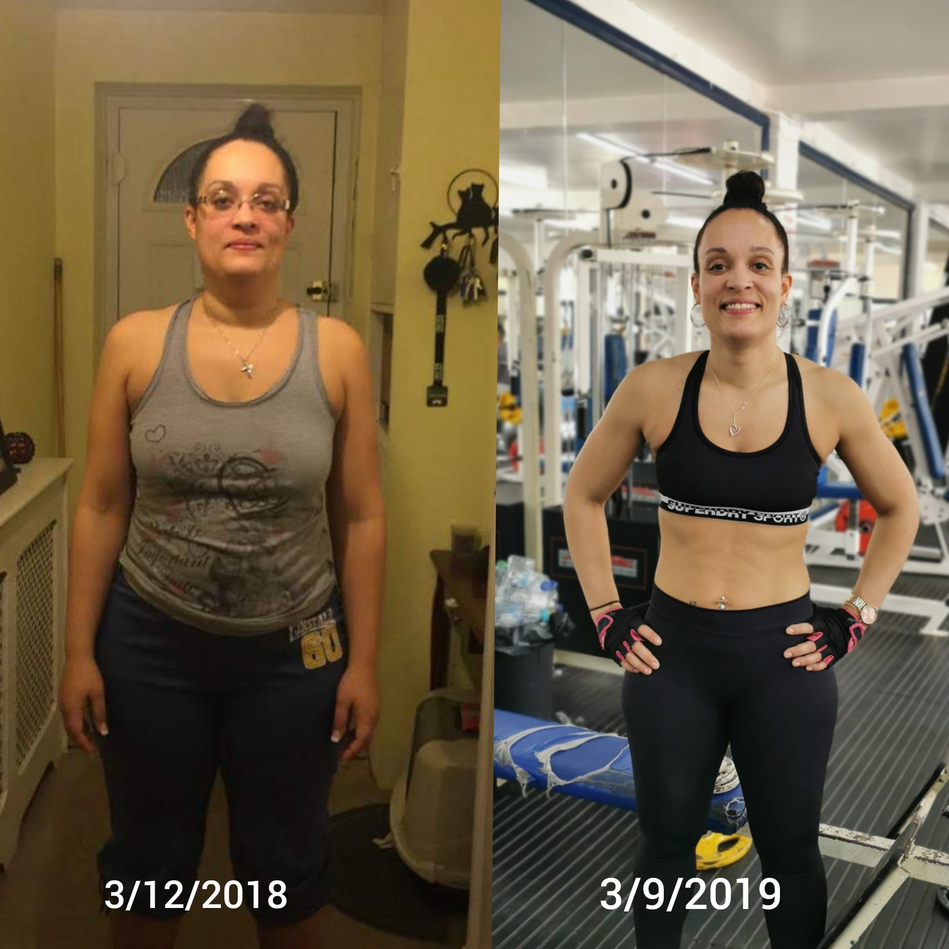 A Ty PT-Fitness client photographed from the front before and after training, showing substantial fat loss and increased muscle definition.